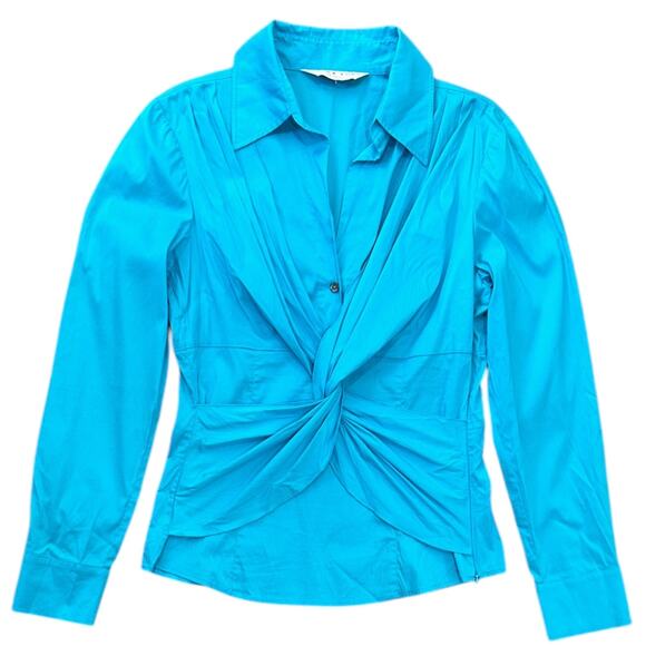 Trina Turk Cotton Twist Front V Neck Blouse in Turquoise - Picture 6 of 7